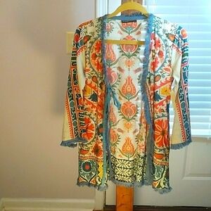 CK Alkaram Studio Boho Cream Orange Yellow Tunic Top Blouse Size S Front Tie